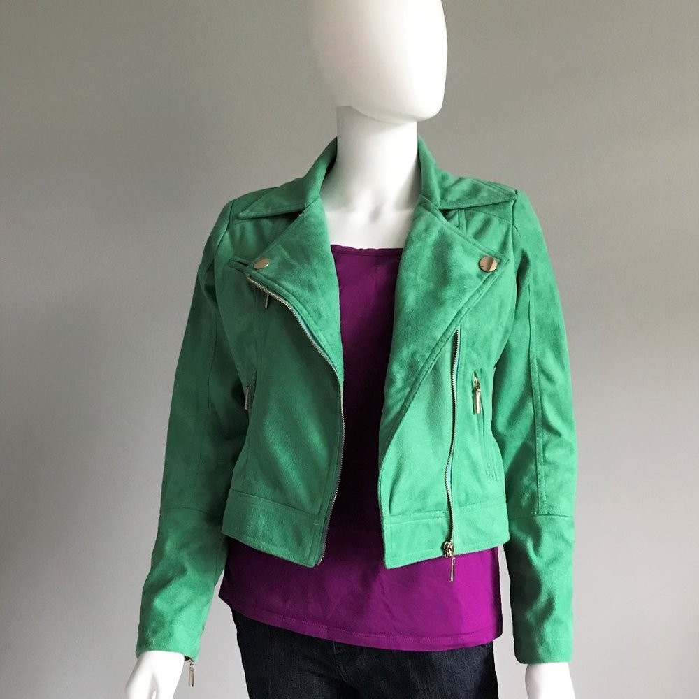 Green Jacket - Faux Suede Biker Jacket in Green